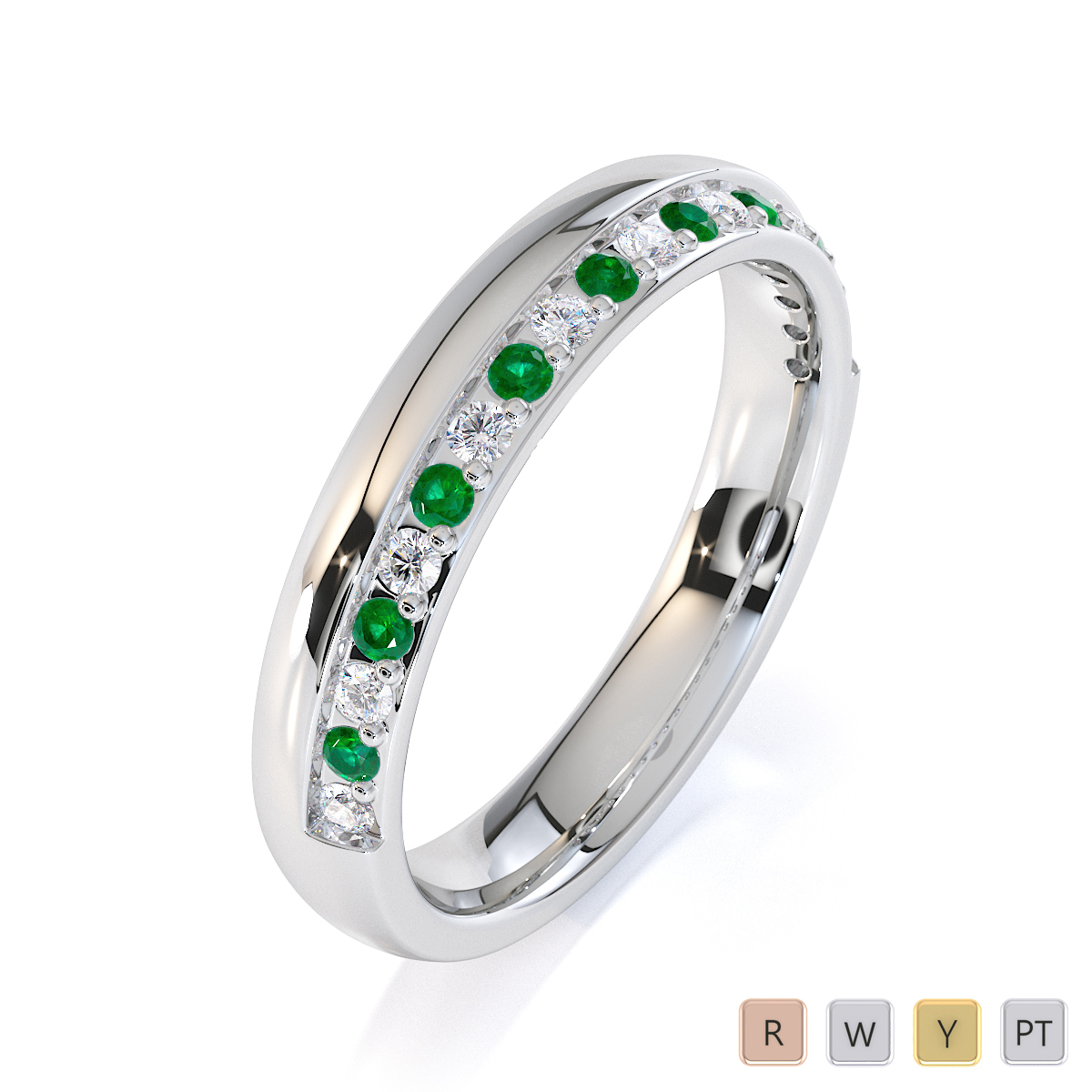 Channel and Prong Set Diamond Half Eternity Ring With Emerald 0441