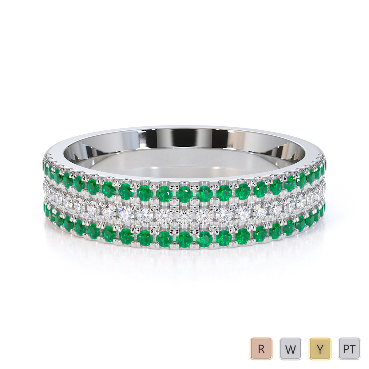 3 Row Prong Set Diamond Half Eternity Ring With Emerald 0443