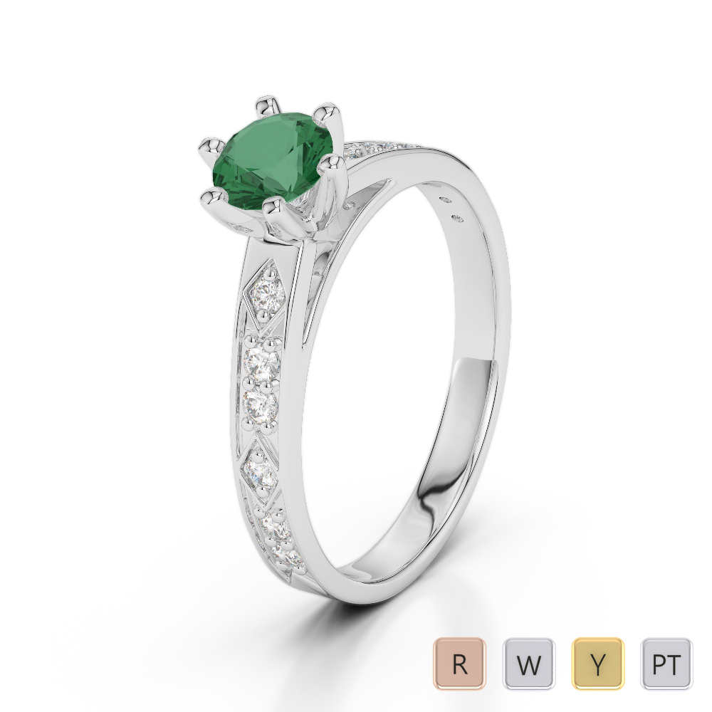 Round Cut Diamond Engagement Ring With Emerald 0240