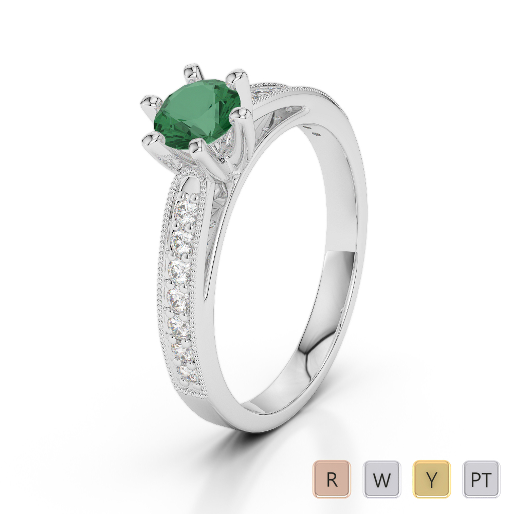Milgrain Round Cut Emerald & Diamond Engagement Ring 0243