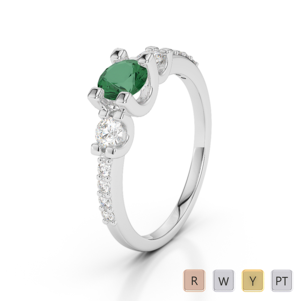Round Cut Diamond and Emerald Engagement Ring 0244