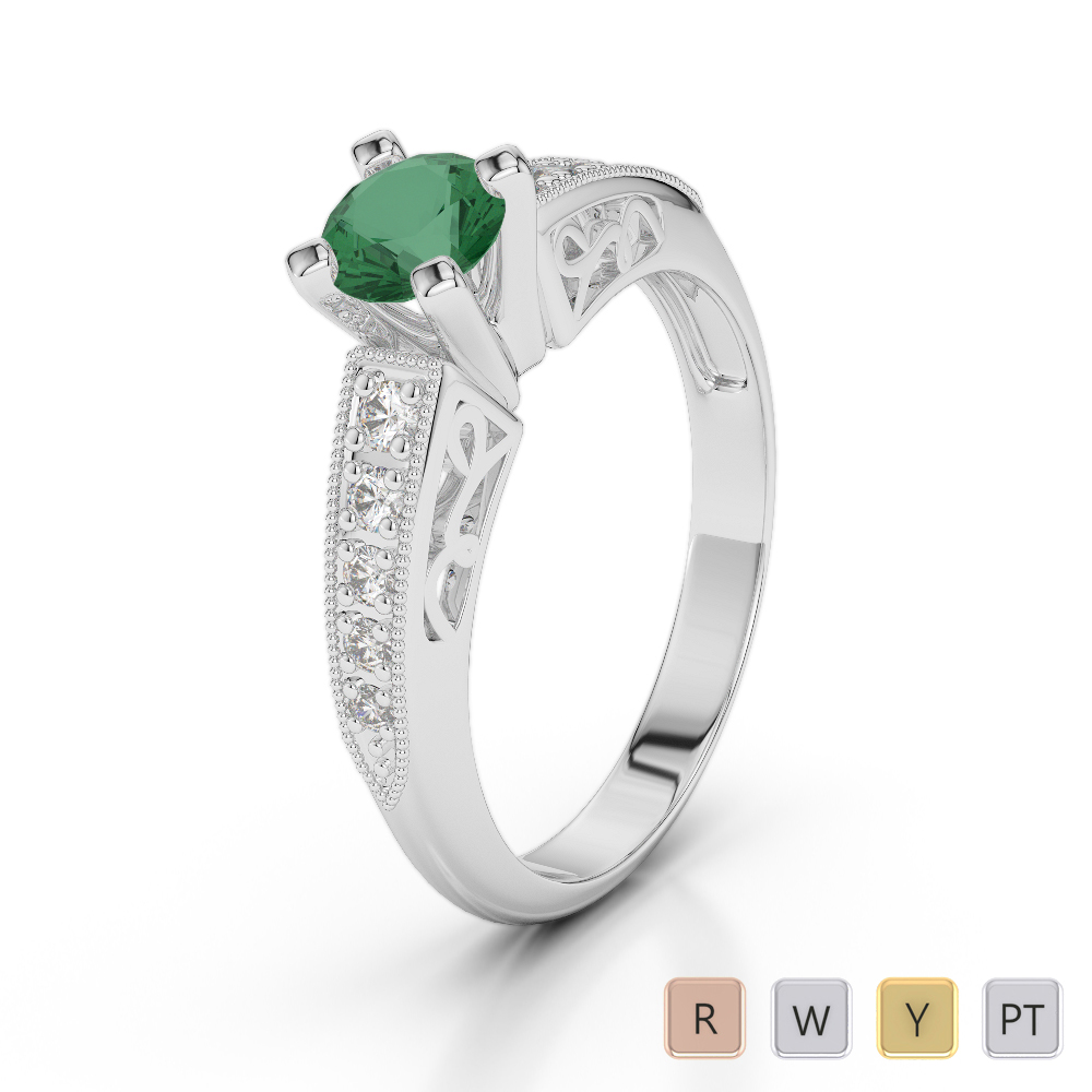 Milgrain Prong Set Diamond and Emerald Engagement Ring 0249