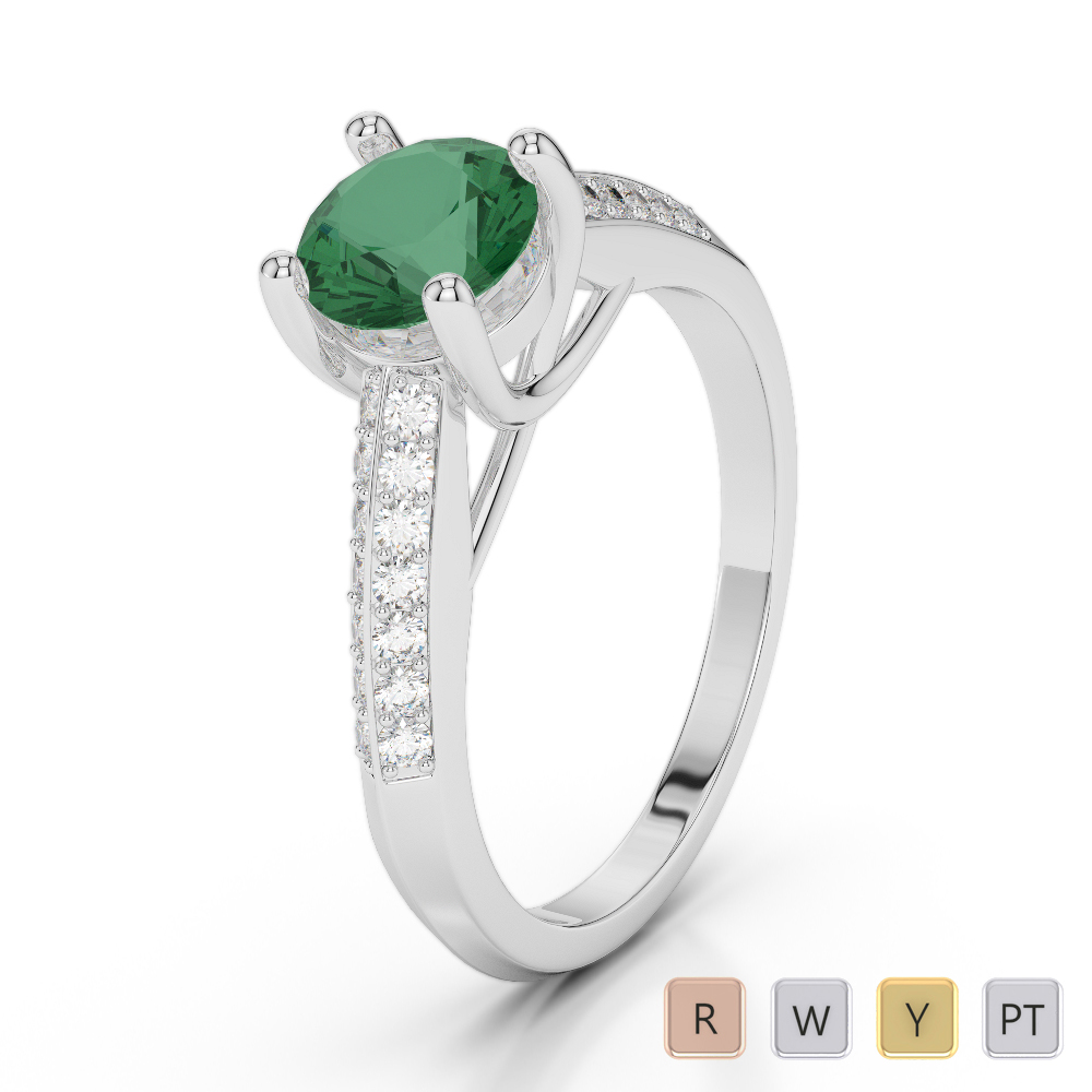 Round Cut Diamond & Emerald Engagement Ring 0279