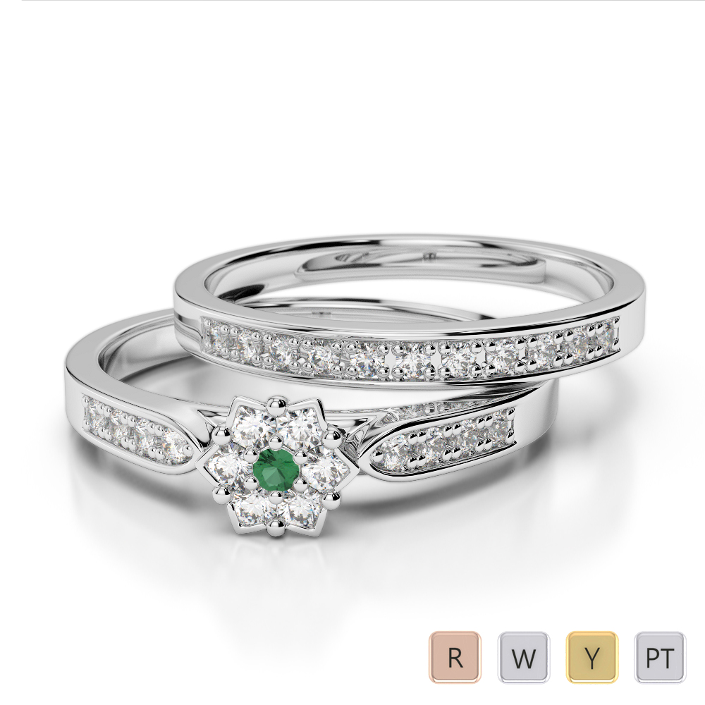 Round Cut Emerald and Diamond Bridal Set Ring 0290