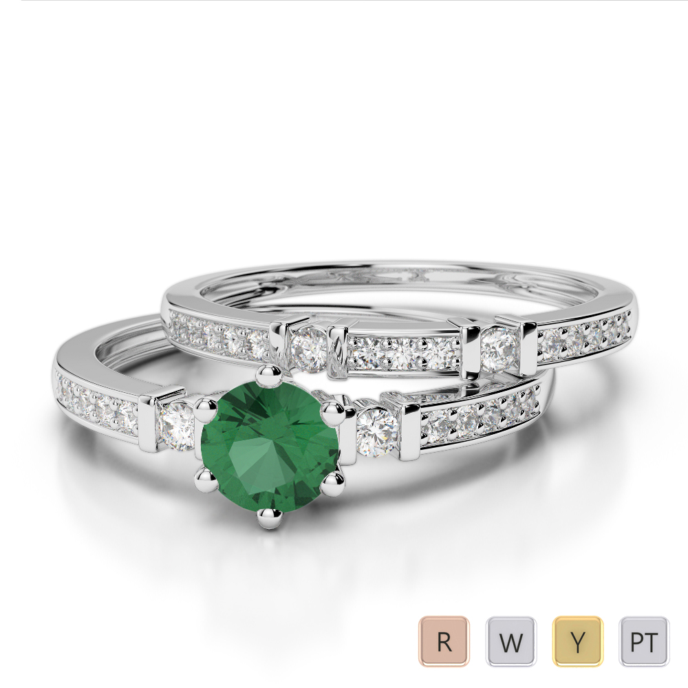 Bar and Prong Set Emerald & Diamond Bridal Set Ring 0305