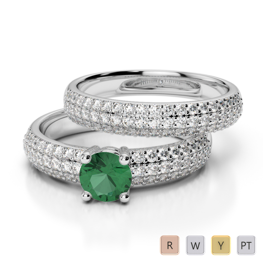 Triple Row Round Cut Emerald and Diamond Bridal Set Ring 0307
