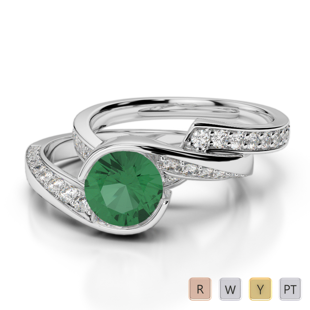 Bezel Set Emerald and Prong Set Diamond Bridal Set Ring 0333