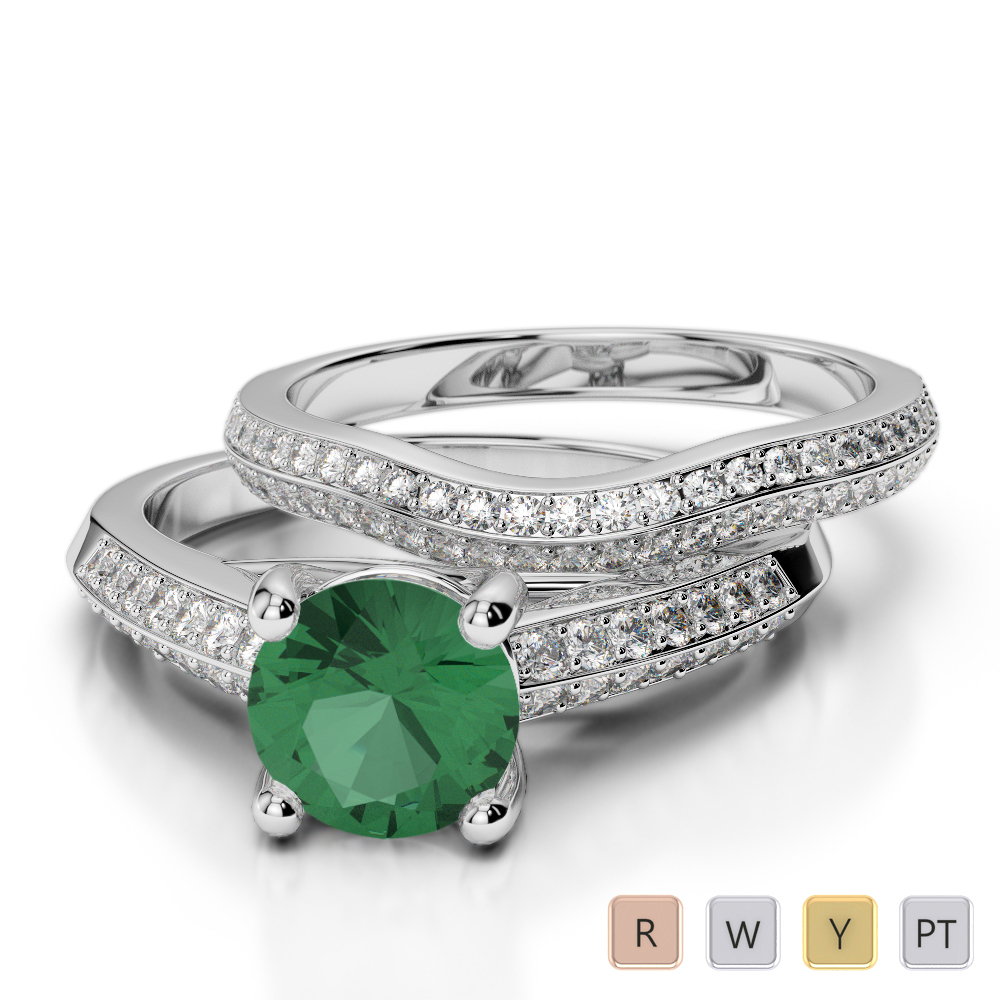 Double Row Round Cut Bridal Set Ring With Emerald and Diamond 0345