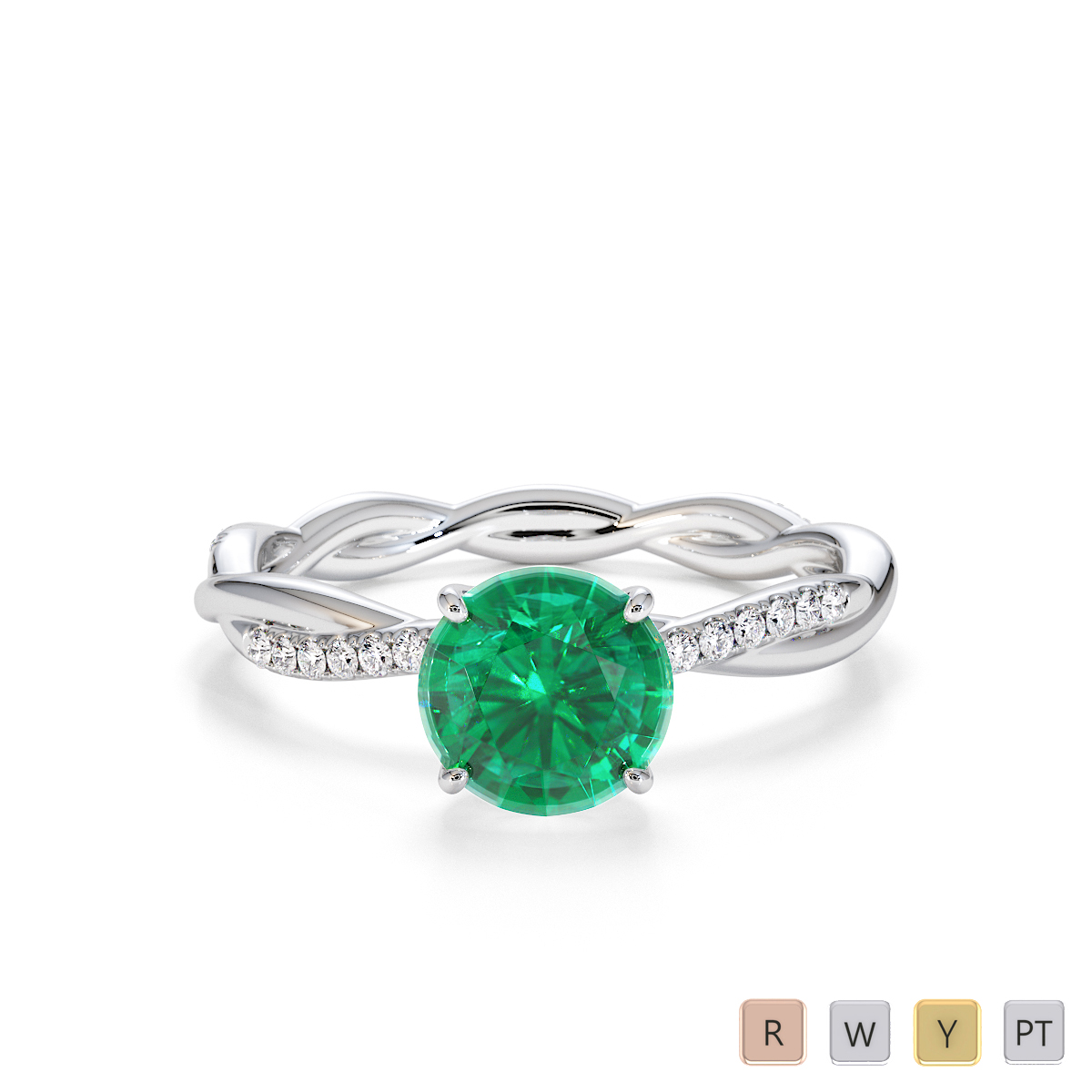 Round Cut Diamond & Emerald Engagement Ring 0764