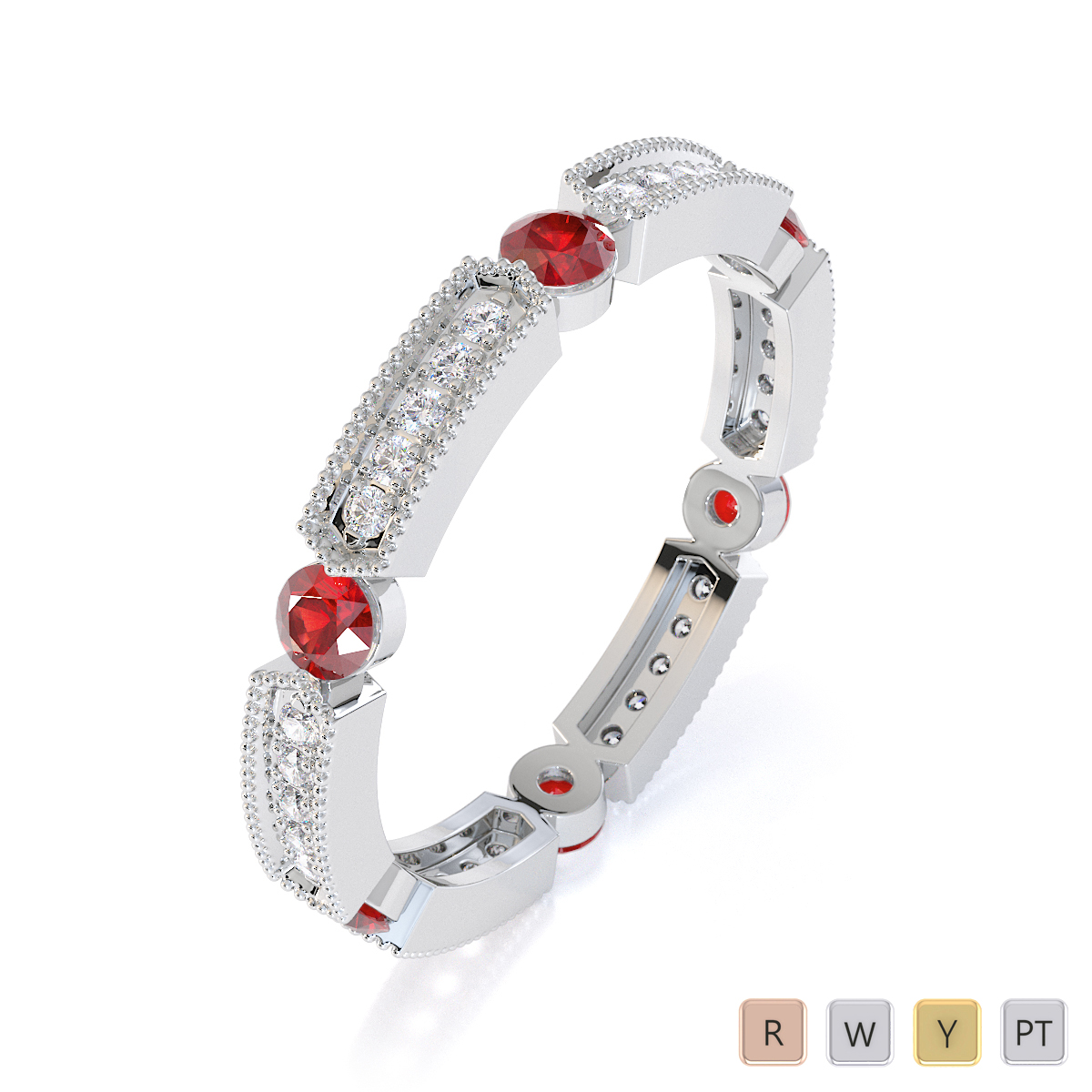 Milgrain Prong Set Diamond & Bezel Set Garnet Full Eternity Ring 0424