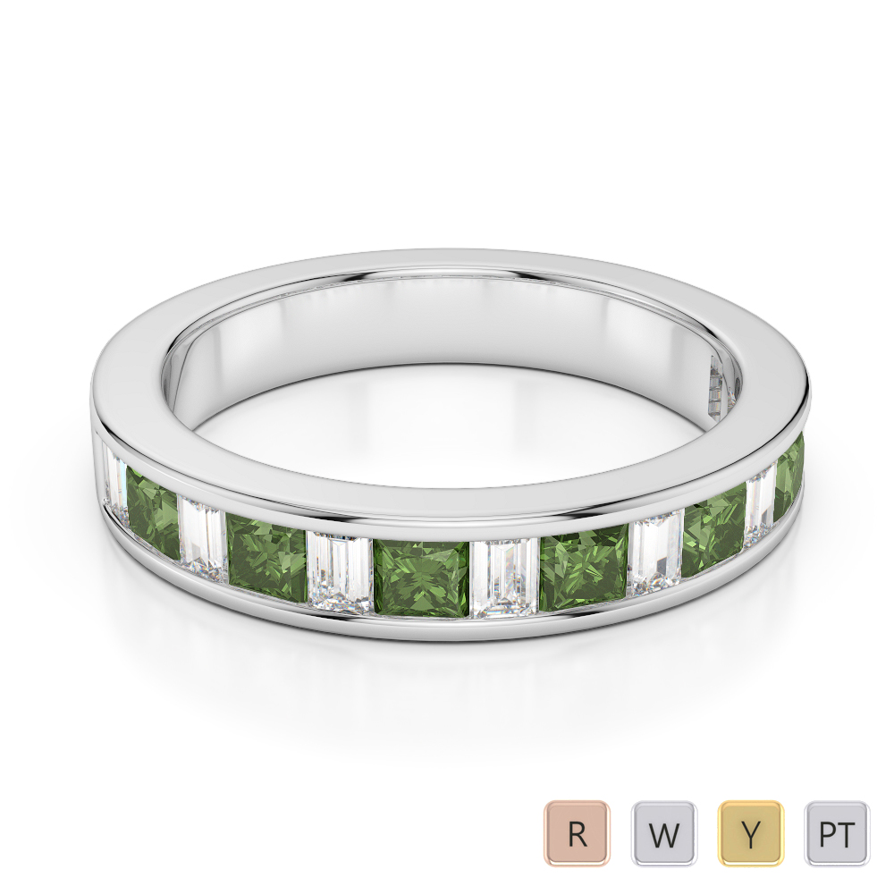 4 MM Princess Green Tourmaline & Baguette Cut Diamond Half Eternity Ring 0421