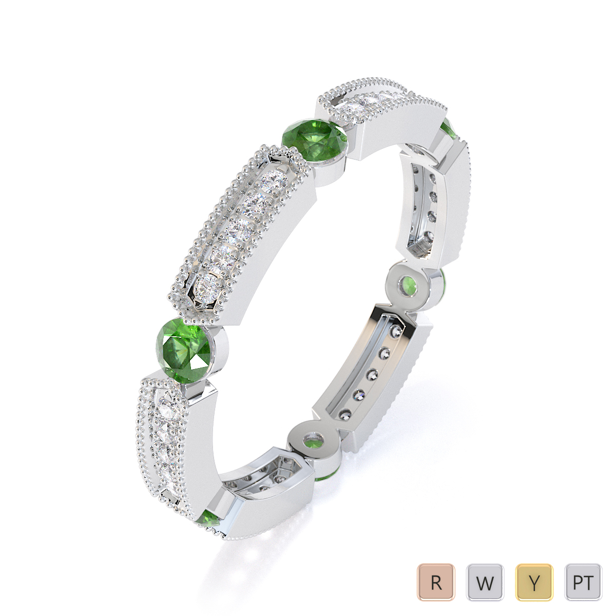 Milgrain Prong Set Diamond & Bezel Set Green Tourmaline Full Eternity Ring 0424