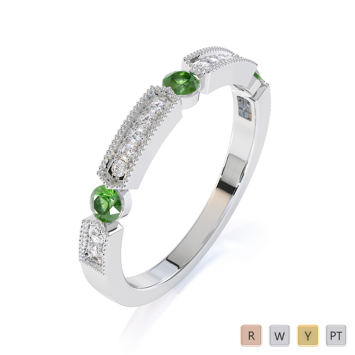 Milgrain Round Cut Diamond and Green Tourmaline Half Eternity Ring 0425