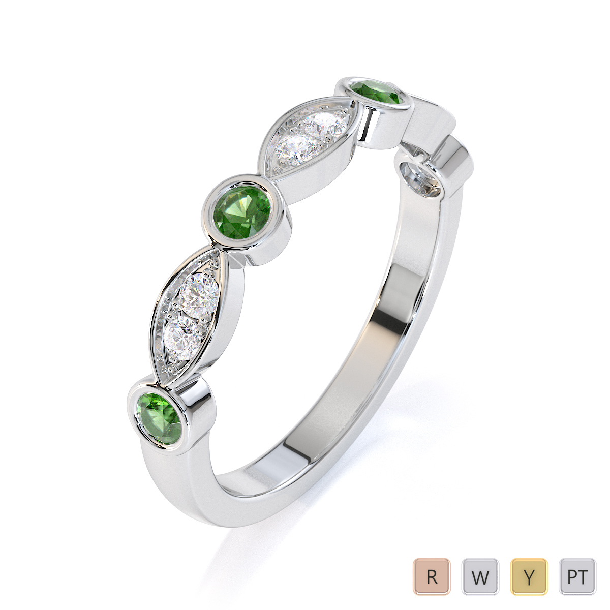 Round Cut Green Tourmaline and Diamond Half Eternity Ring 0435