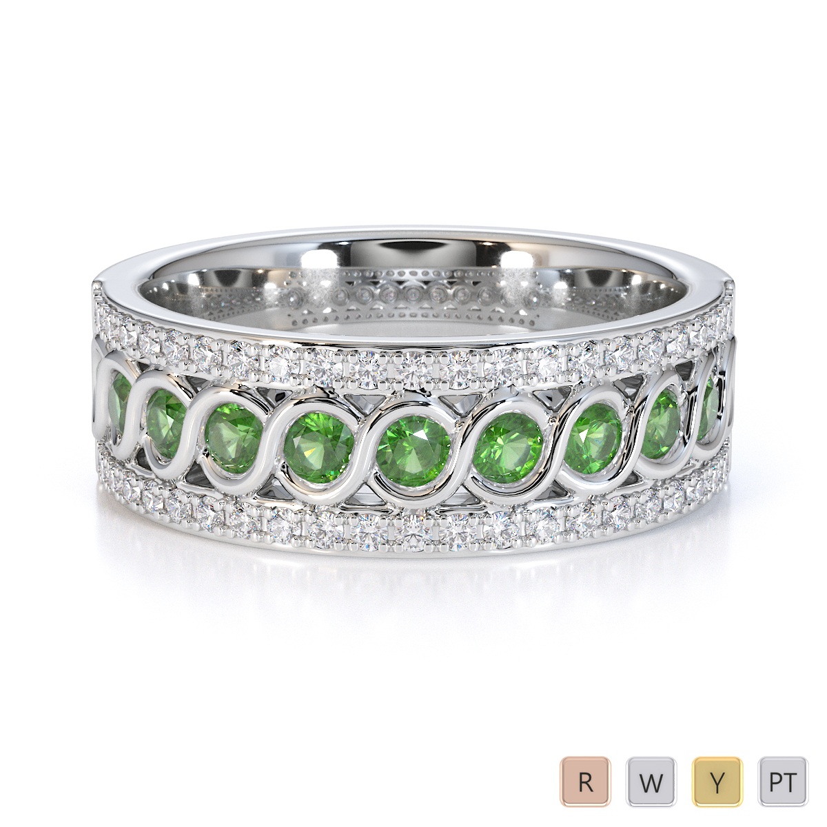 Bezel Set Green Tourmaline and Prong Set Diamond Half Eternity Ring 0449