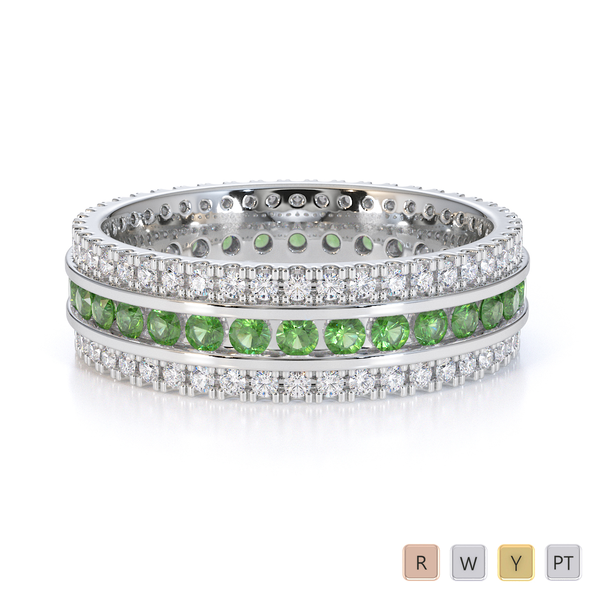 3 Row Channel Set Green Tourmaline and Prong Set Diamond Full Eternity Ring 0450