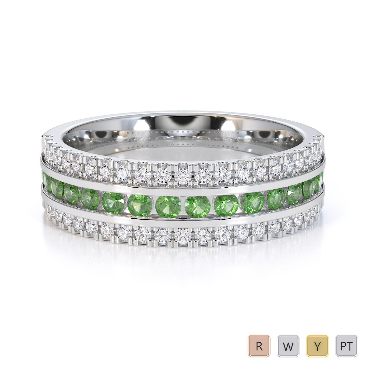Three Row Channel Set Green Tourmaline and Prong Set Diamond Half Eternity Ring 0451