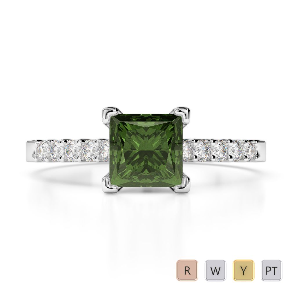 Princess Green Tourmaline and Round Diamond Engagement Ring With Diamond 0208