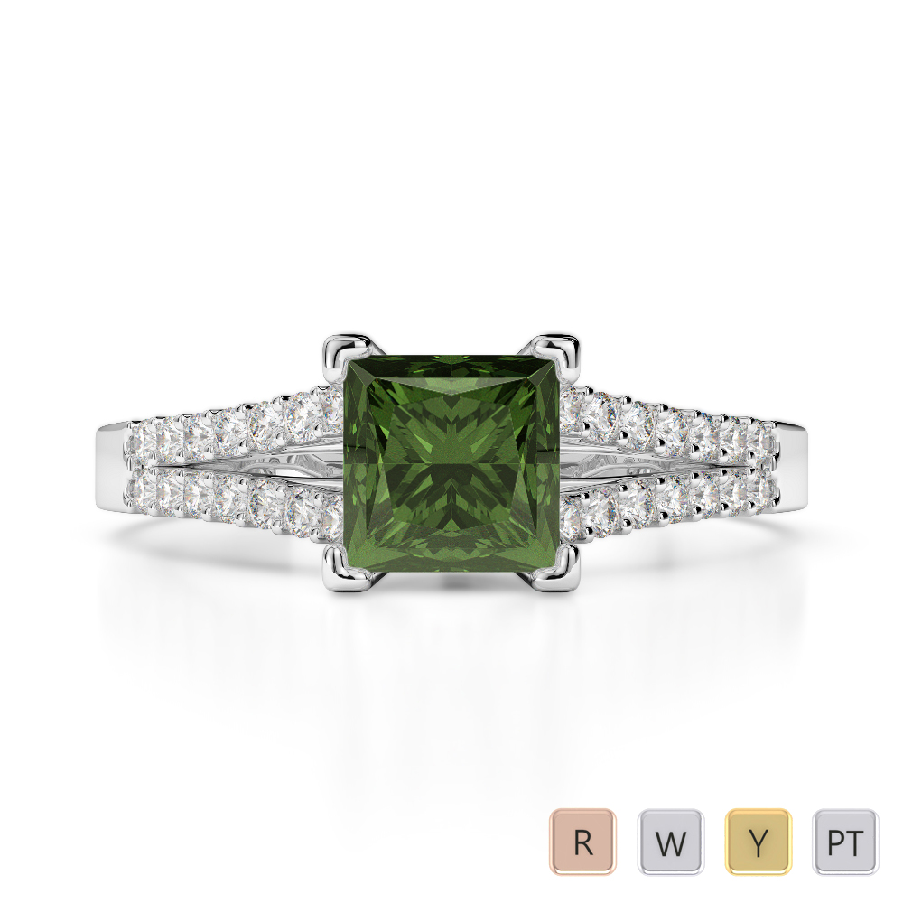 Prong Set Diamond and Green Tourmaline Engagement Ring 0209
