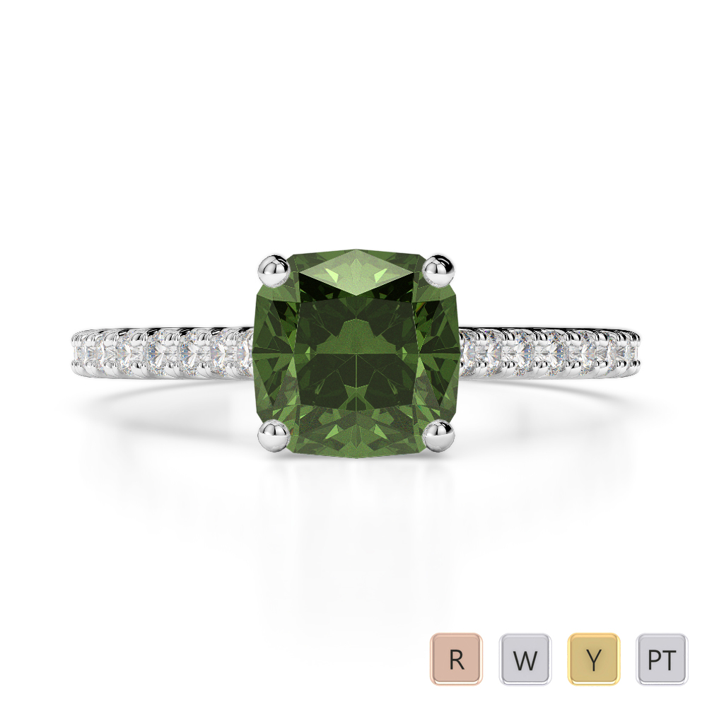 Cushion Cut Green Tourmaline and Round Diamond Engagement Ring 0214