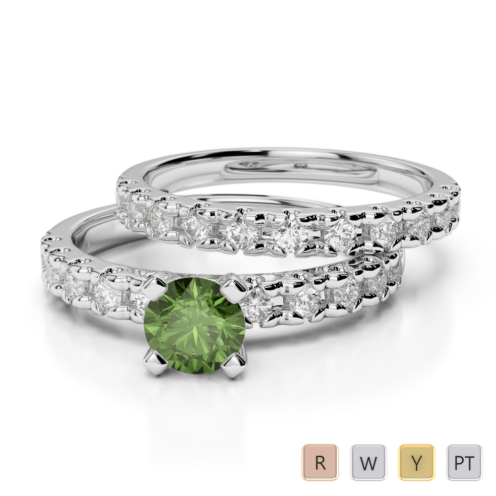Round Cut Bridal Set Ring With Diamond and Green Tourmaline 0299