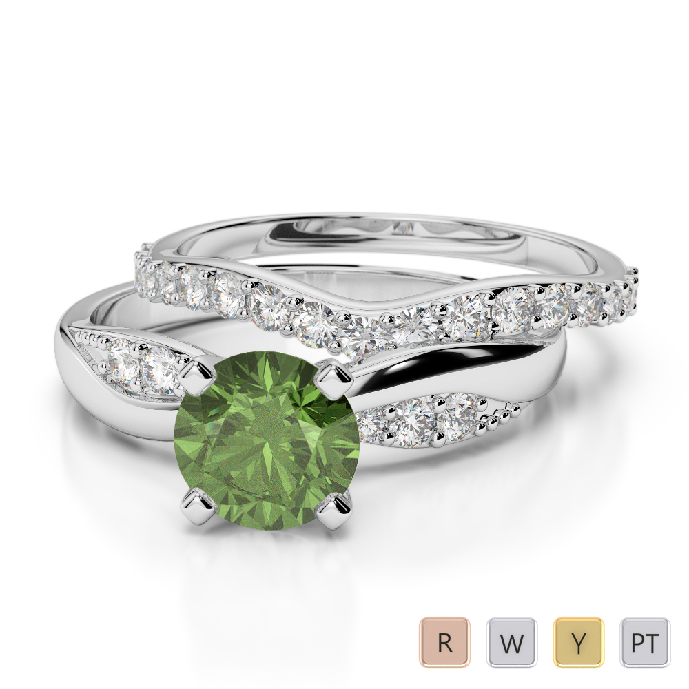 4 Prong Set Green Tourmaline & Diamond Bridal Set Ring 0335