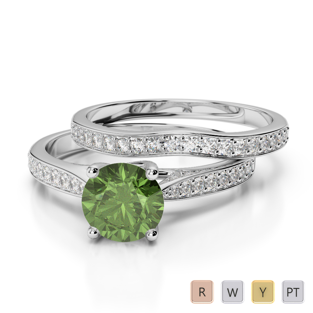 Round Cut Bridal Set Ring With Green Tourmaline and Diamond 0350