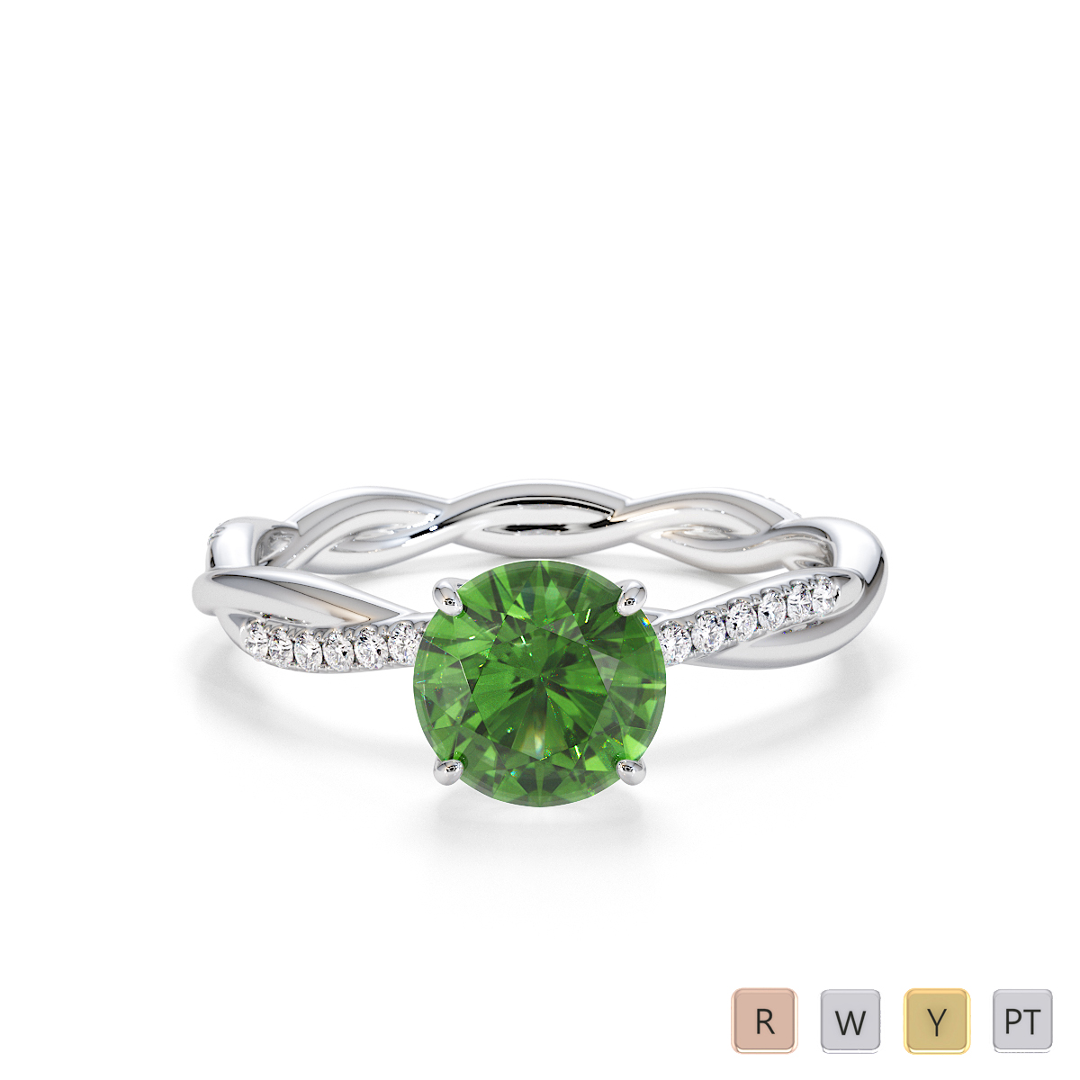 Round Cut Diamond & Green Tourmaline Engagement Ring 0764