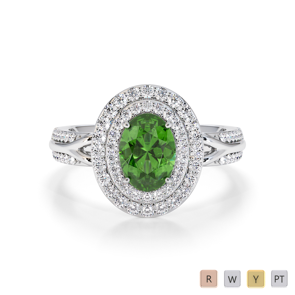 Round Cut Diamond & Oval Shape Green Tourmaline Engagement Ring 0778