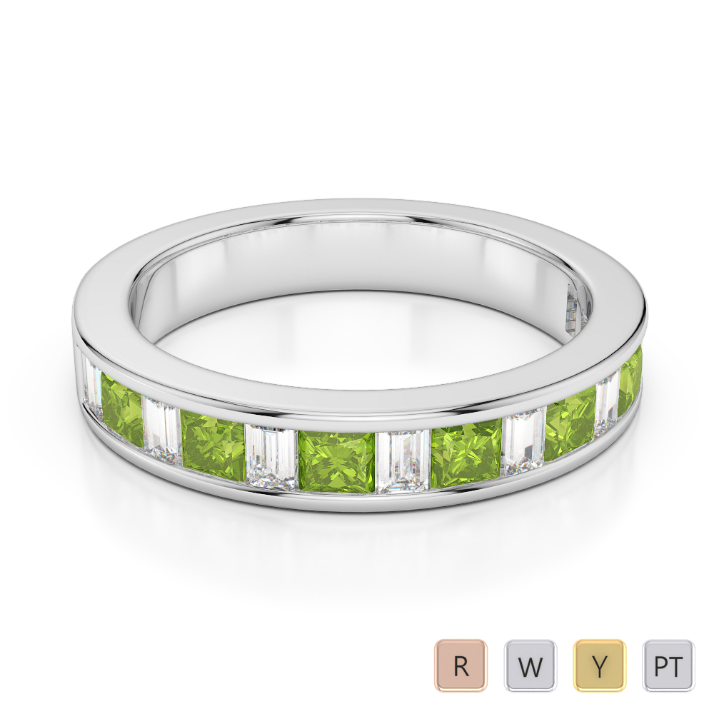 4 MM Princess Peridot & Baguette Cut Diamond Half Eternity Ring 0421