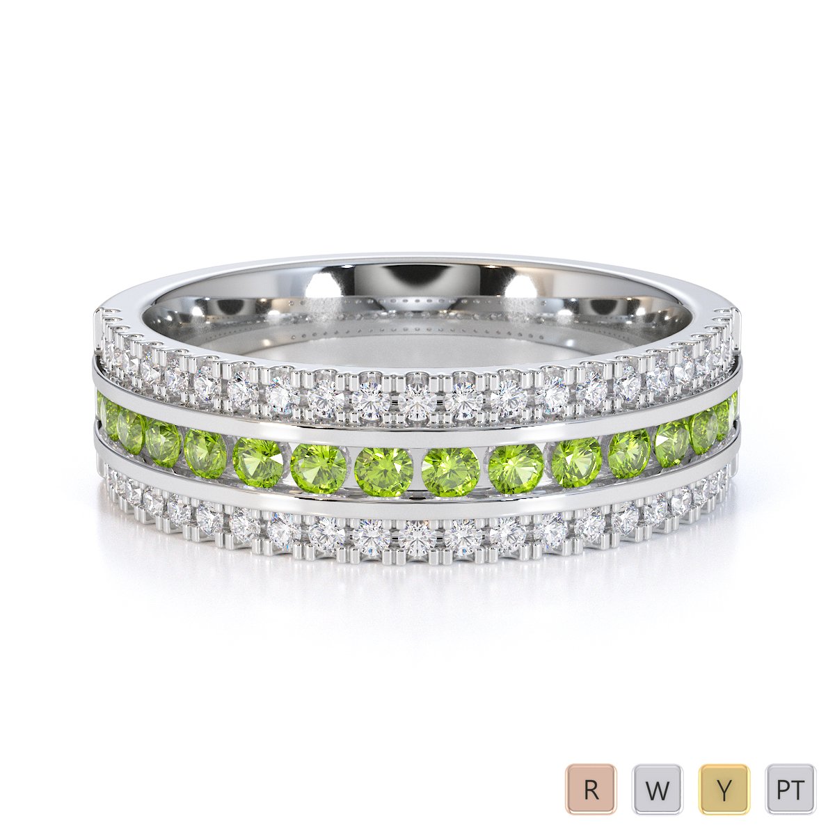 Three Row Channel Set Peridot and Prong Set Diamond Half Eternity Ring 0451