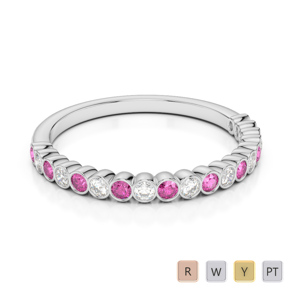 2MM Bezel Diamond Half Eternity Ring With Pink Sapphire 0379