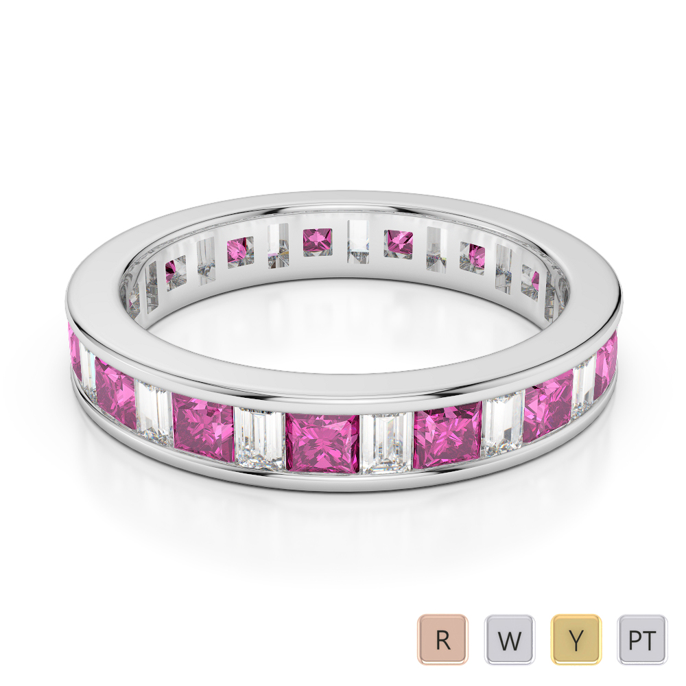 4 MM Princess Pink Sapphire & Baguette Cut Diamond Full Eternity Ring 0419