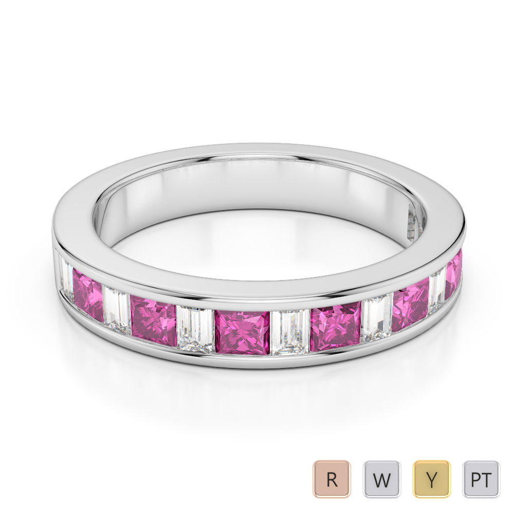 4 MM Princess Pink Sapphire & Baguette Cut Diamond Half Eternity Ring 0421