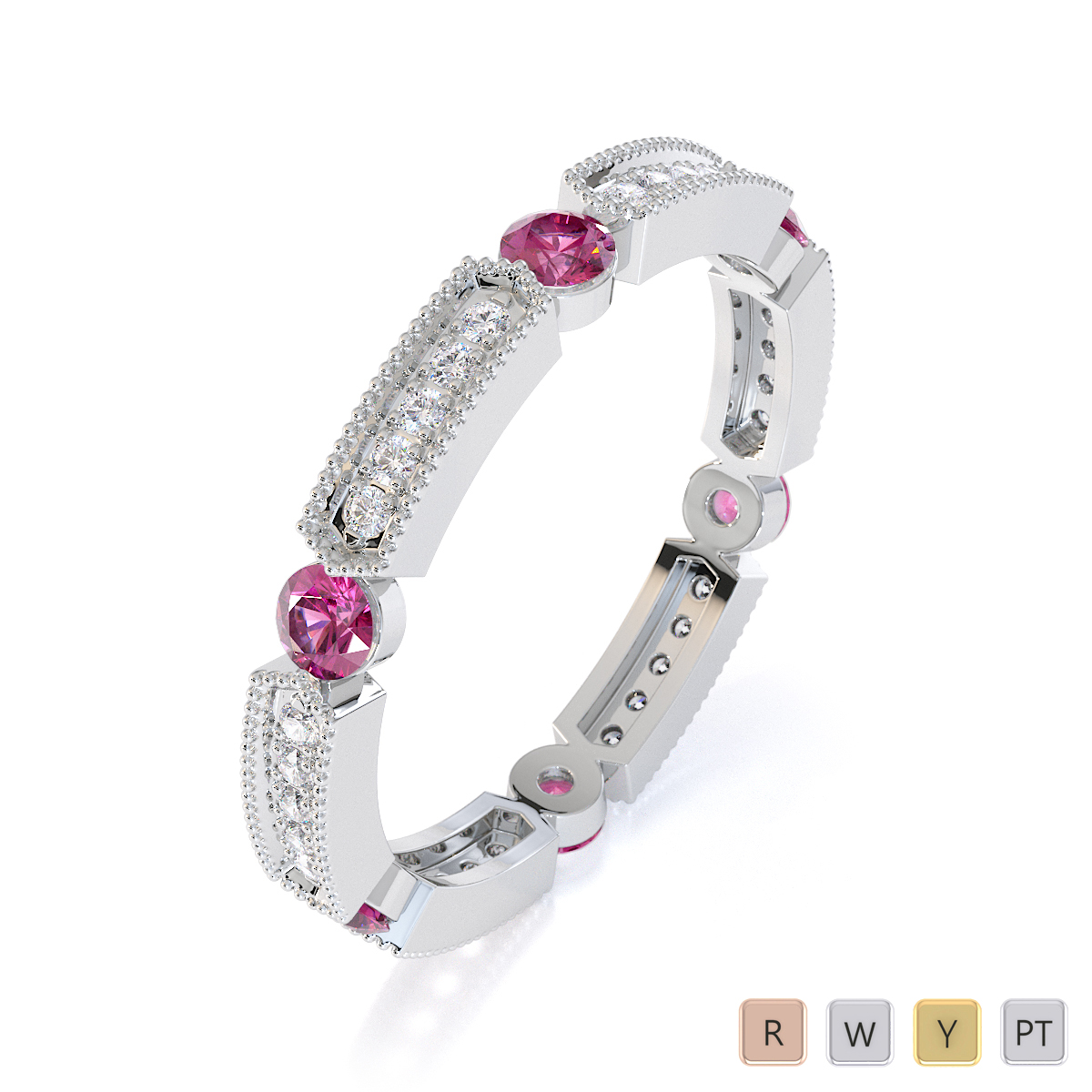 Milgrain Prong Set Diamond & Bezel Set Pink Sapphire Full Eternity Ring 0424