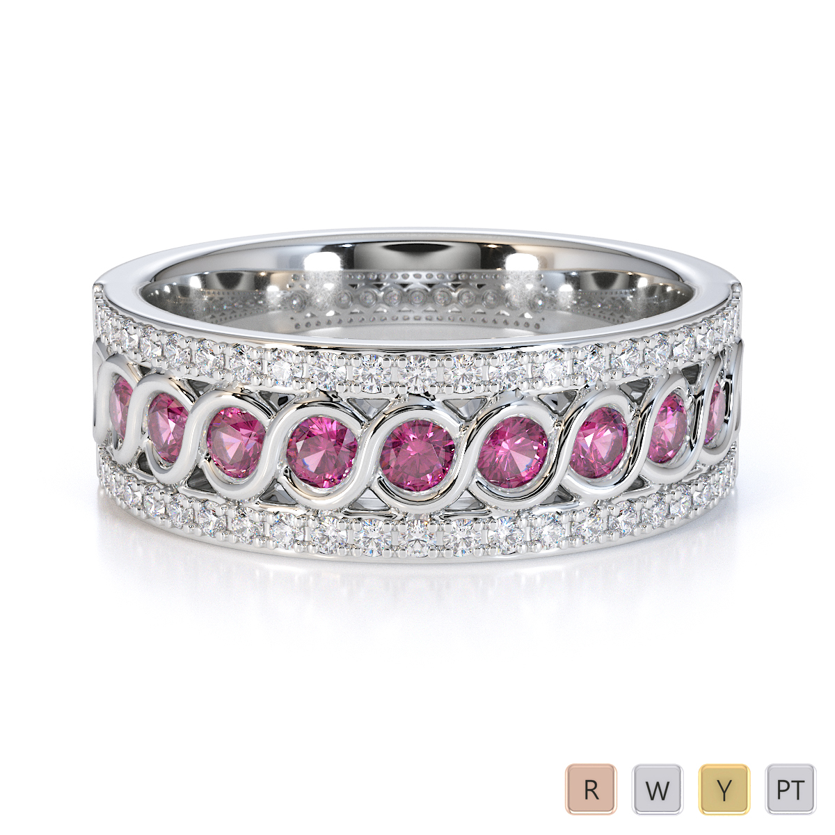 Bezel Set Pink Sapphire and Prong Set Diamond Half Eternity Ring 0449