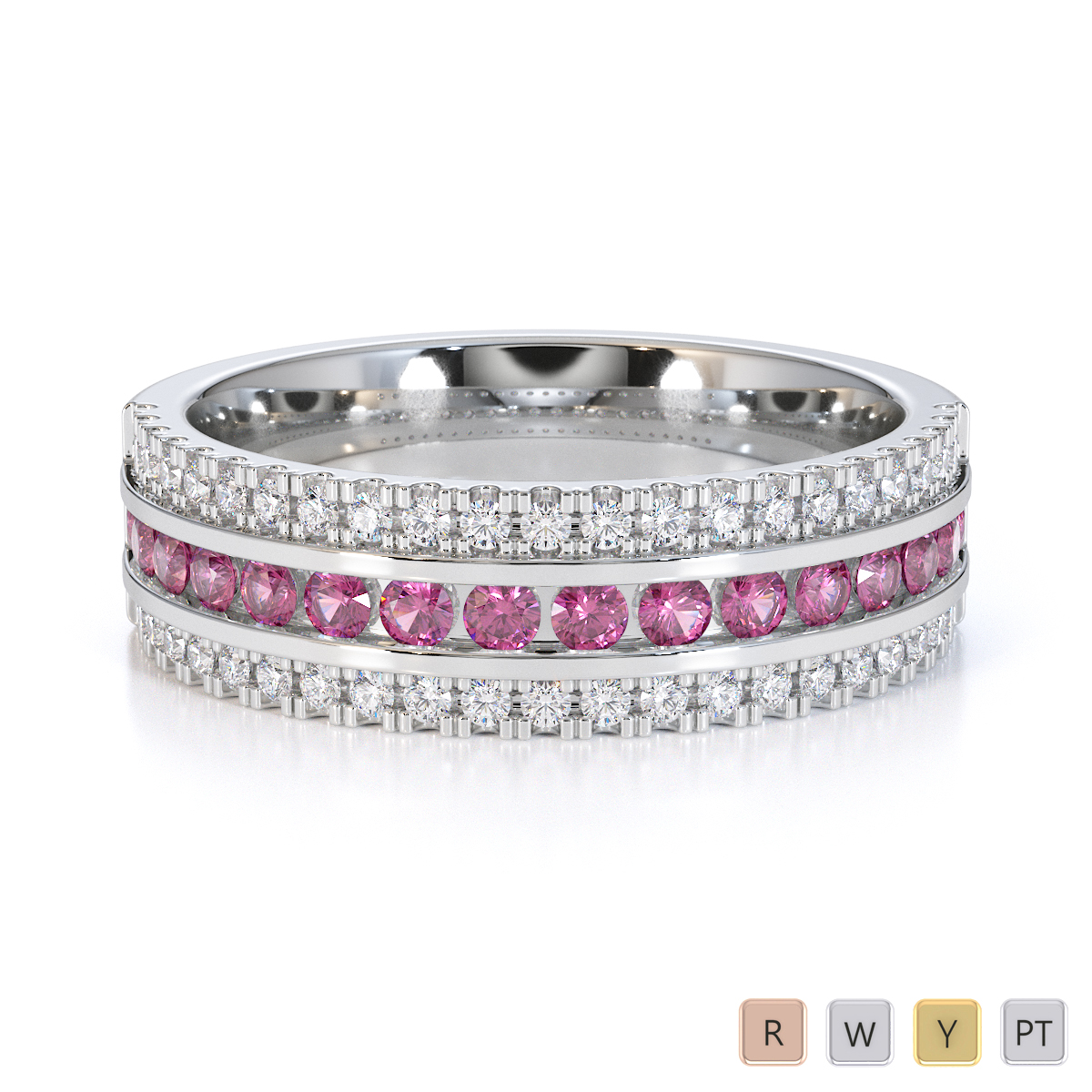 Three Row Channel Set Pink Sapphire and Prong Set Diamond Half Eternity Ring 0451