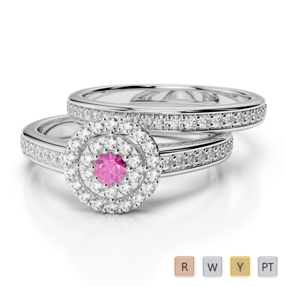 Prong Set Bridal Set Ring With Pink Sapphire & Diamond 0321