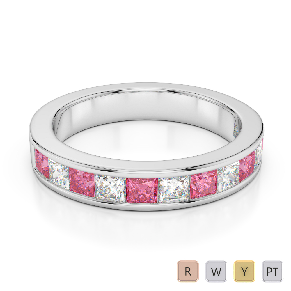 4 MM Princess Cut Pink Tourmaline Half Eternity Ring With Diamond 0415