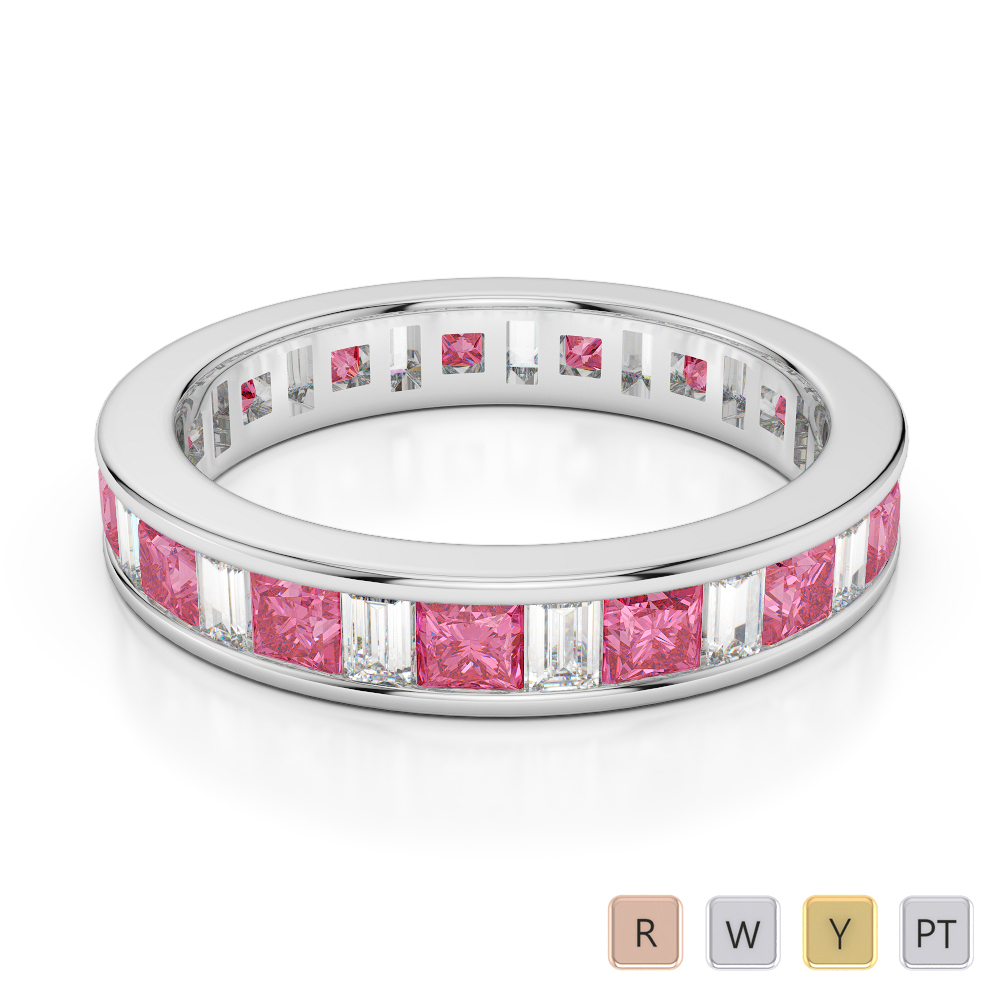 4 MM Princess Pink Tourmaline & Baguette Cut Diamond Full Eternity Ring 0419