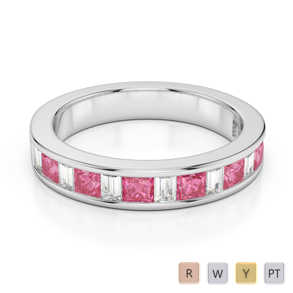 4 MM Princess Pink Tourmaline & Baguette Cut Diamond Half Eternity Ring 0421