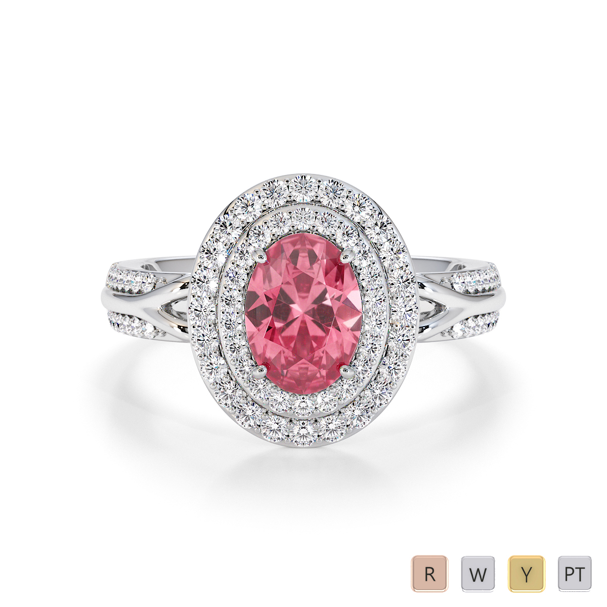Round Cut Diamond & Oval Shape Pink Tourmaline Engagement Ring 0778