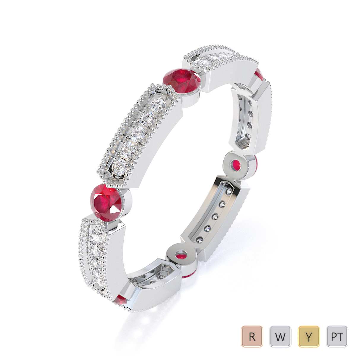 Milgrain Prong Set Diamond & Bezel Set Ruby Full Eternity Ring 0424