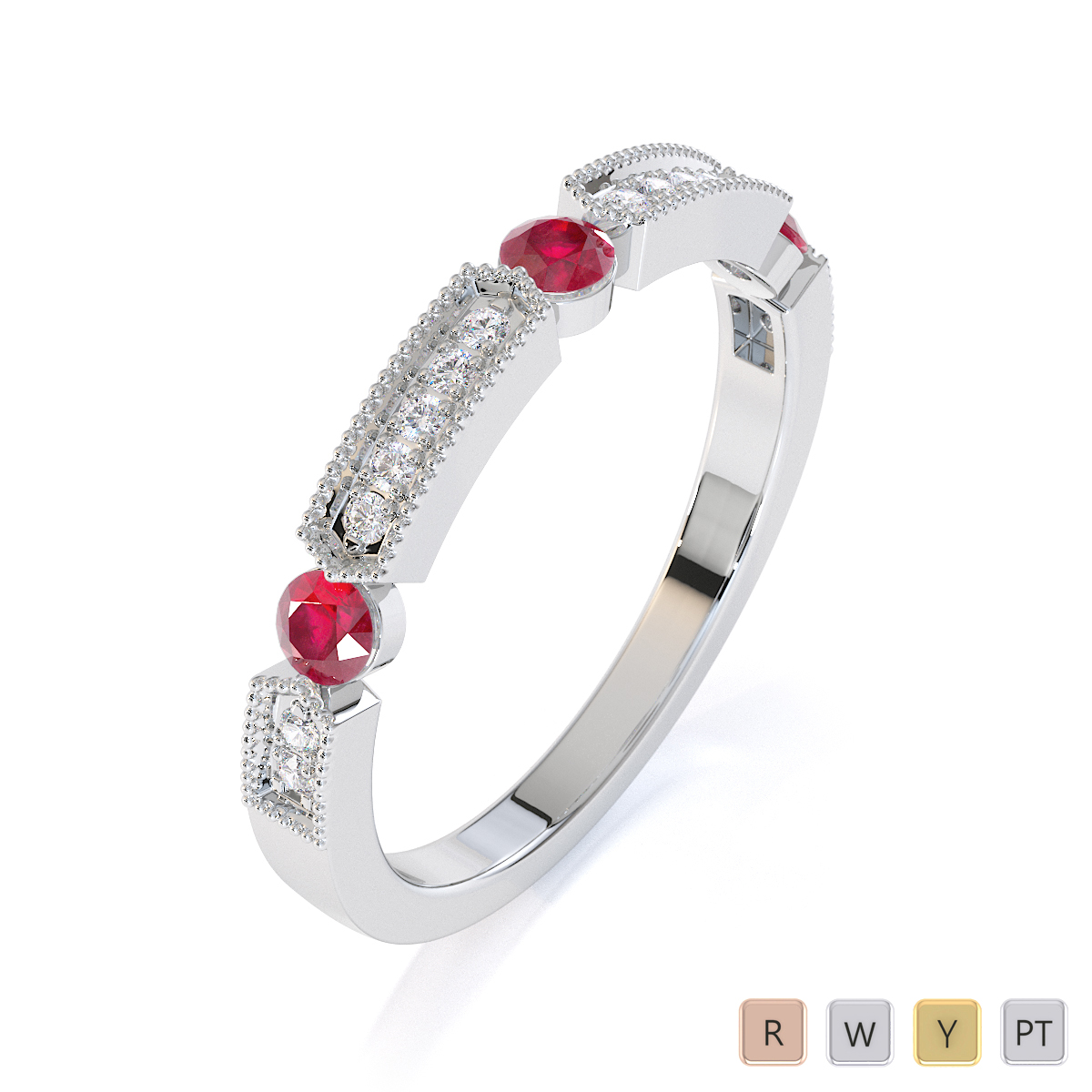Milgrain Round Cut Diamond and Ruby Half Eternity Ring 0425