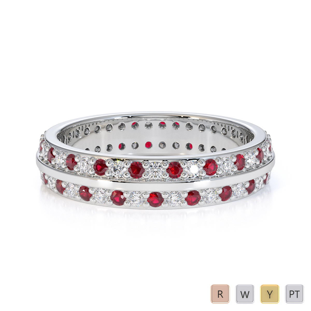 Double Row Round Cut Diamond and Ruby Full Eternity Ring 0428