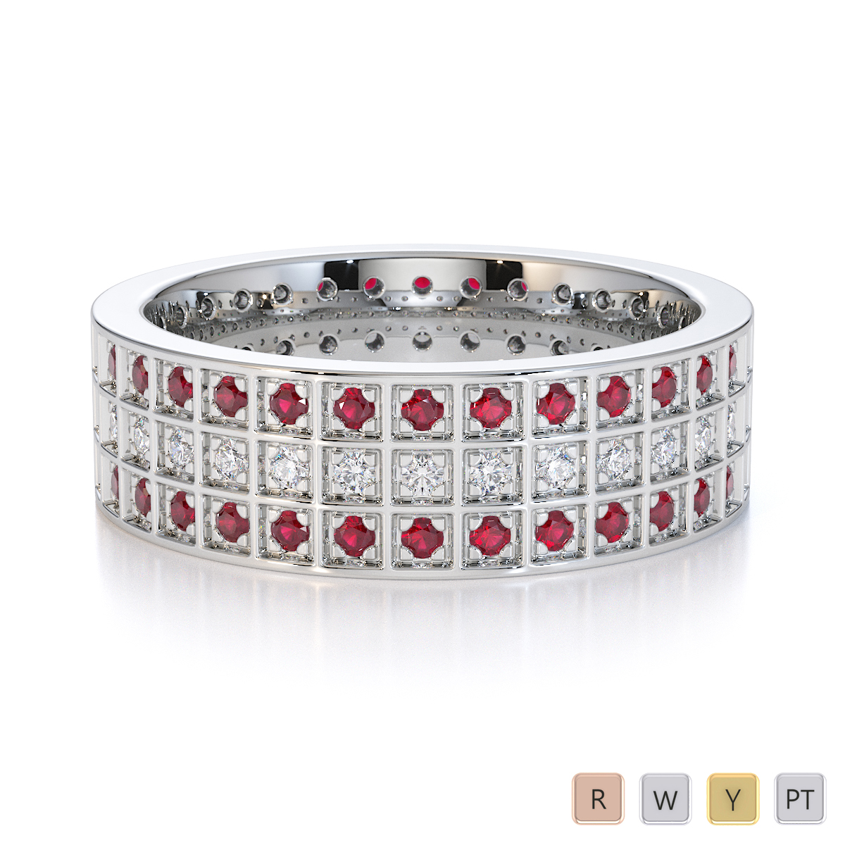 3 Row Claw Set Diamond and Ruby Full Eternity Ring 0436