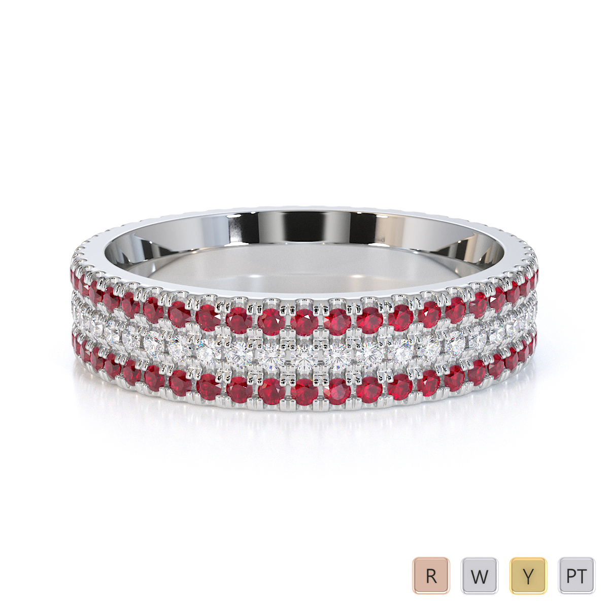 Three Row Round Cut Ruby and Diamond Full Eternity Ring 0442