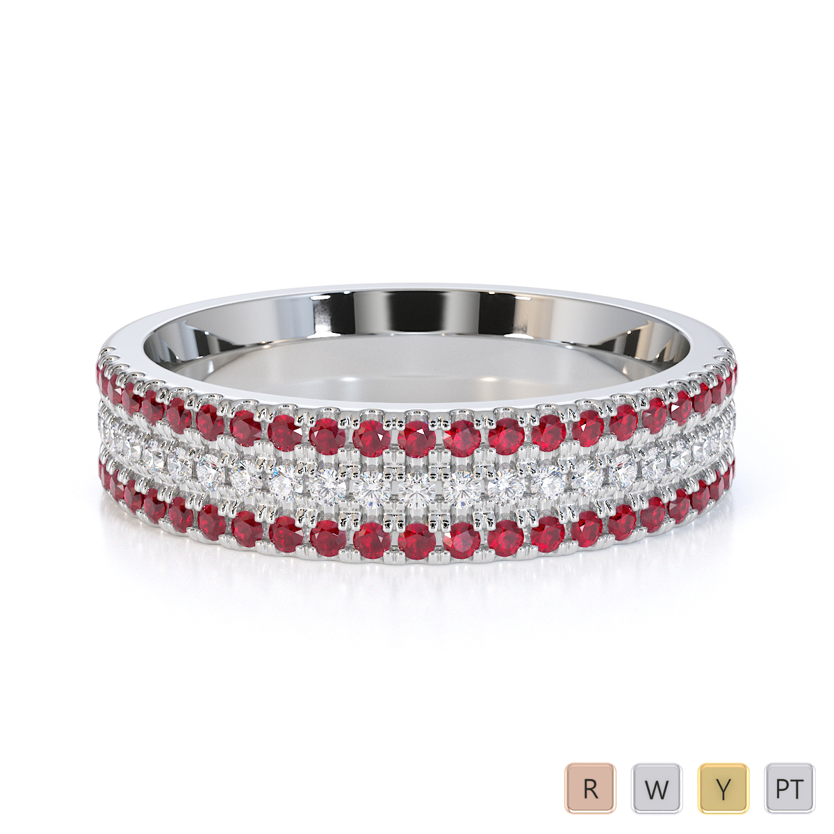 3 Row Prong Set Diamond Half Eternity Ring With Ruby 0443