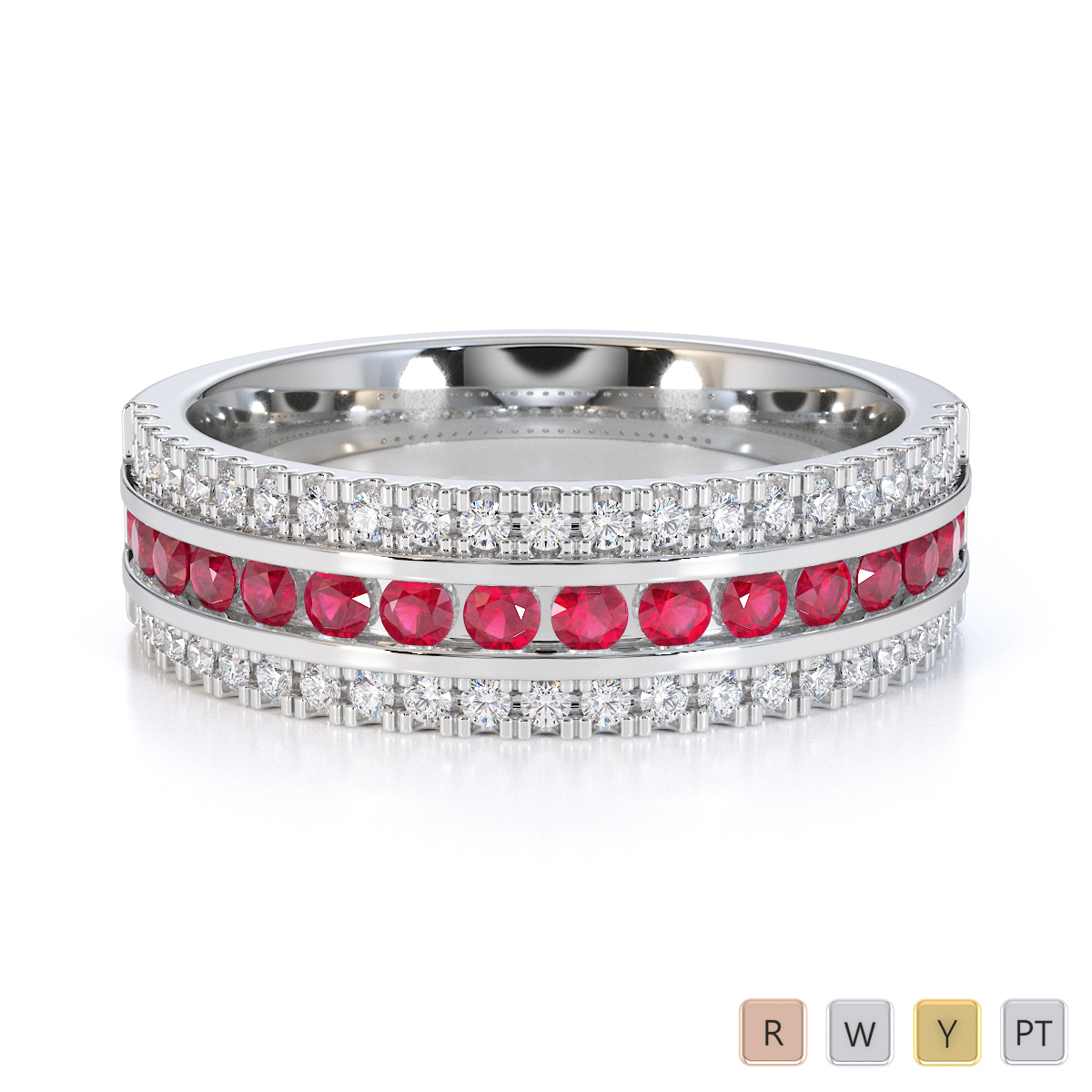 Three Row Channel Set Ruby and Prong Set Diamond Half Eternity Ring 0451