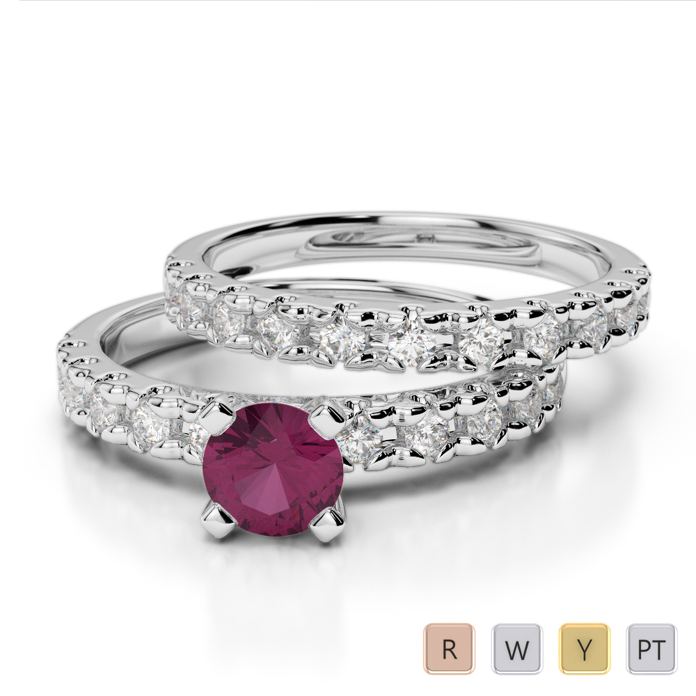 Round Cut Bridal Set Ring With Diamond & Ruby 0299